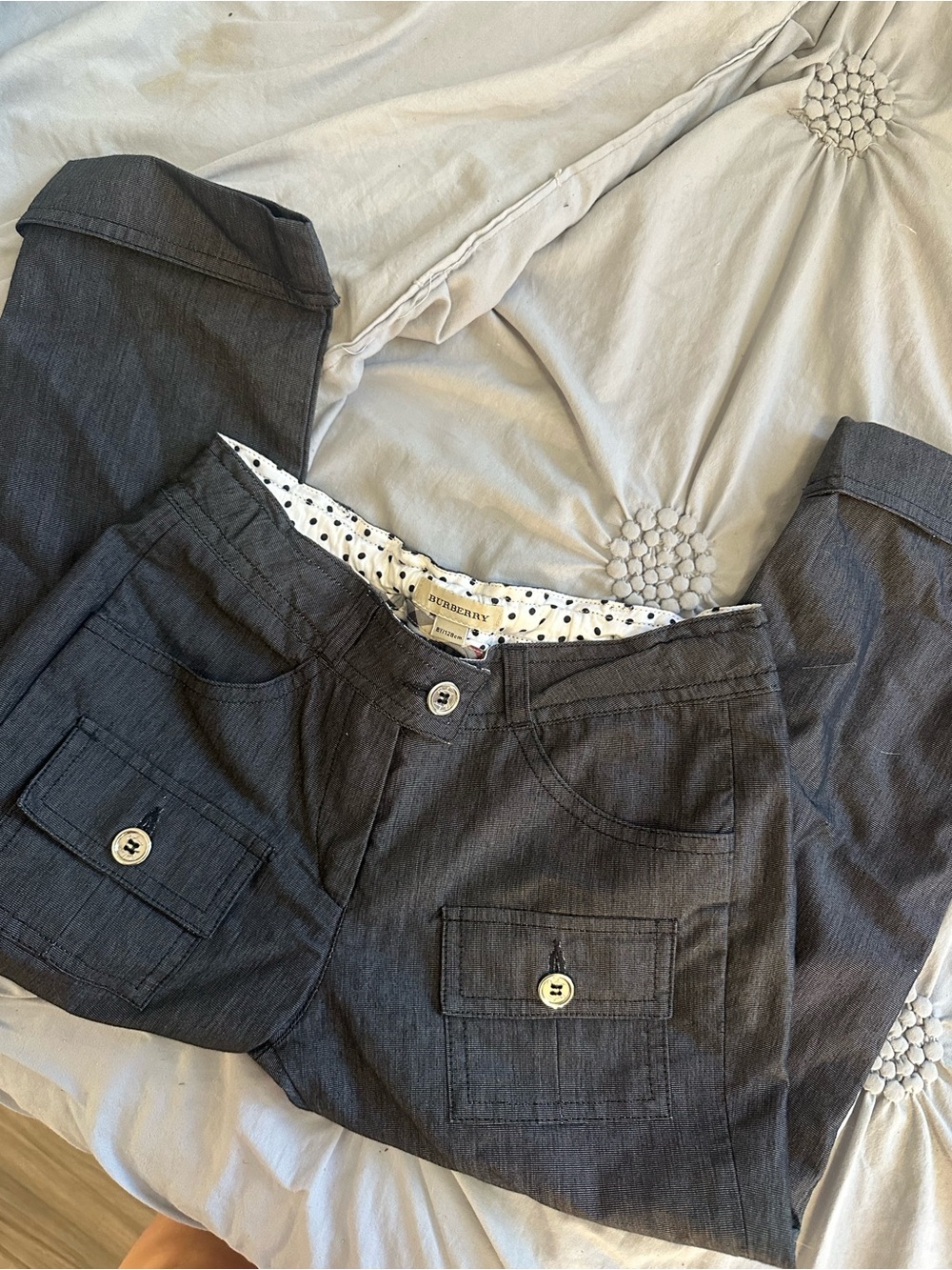 Burberry Gray Cargo Pants with Polka Dot Waist Lining